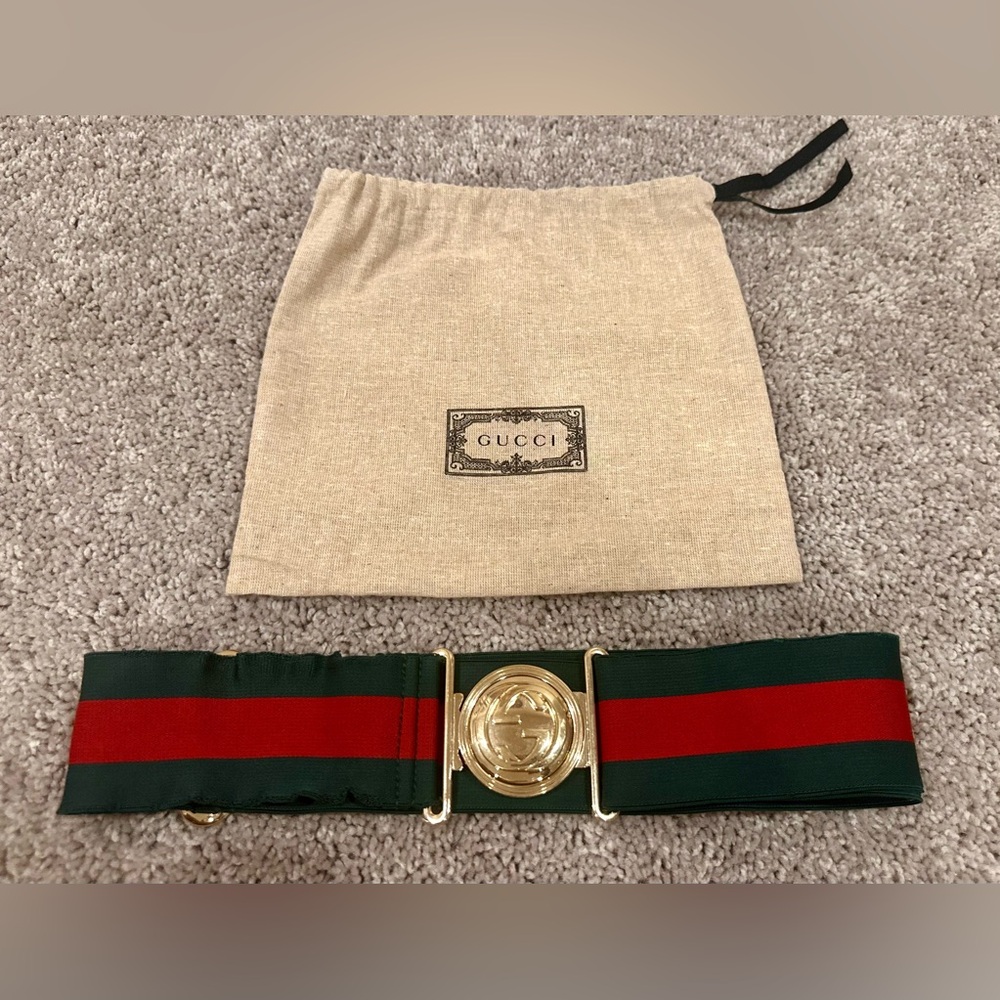 Gucci Red and Green Belt with Gold GG Emblem Buckle